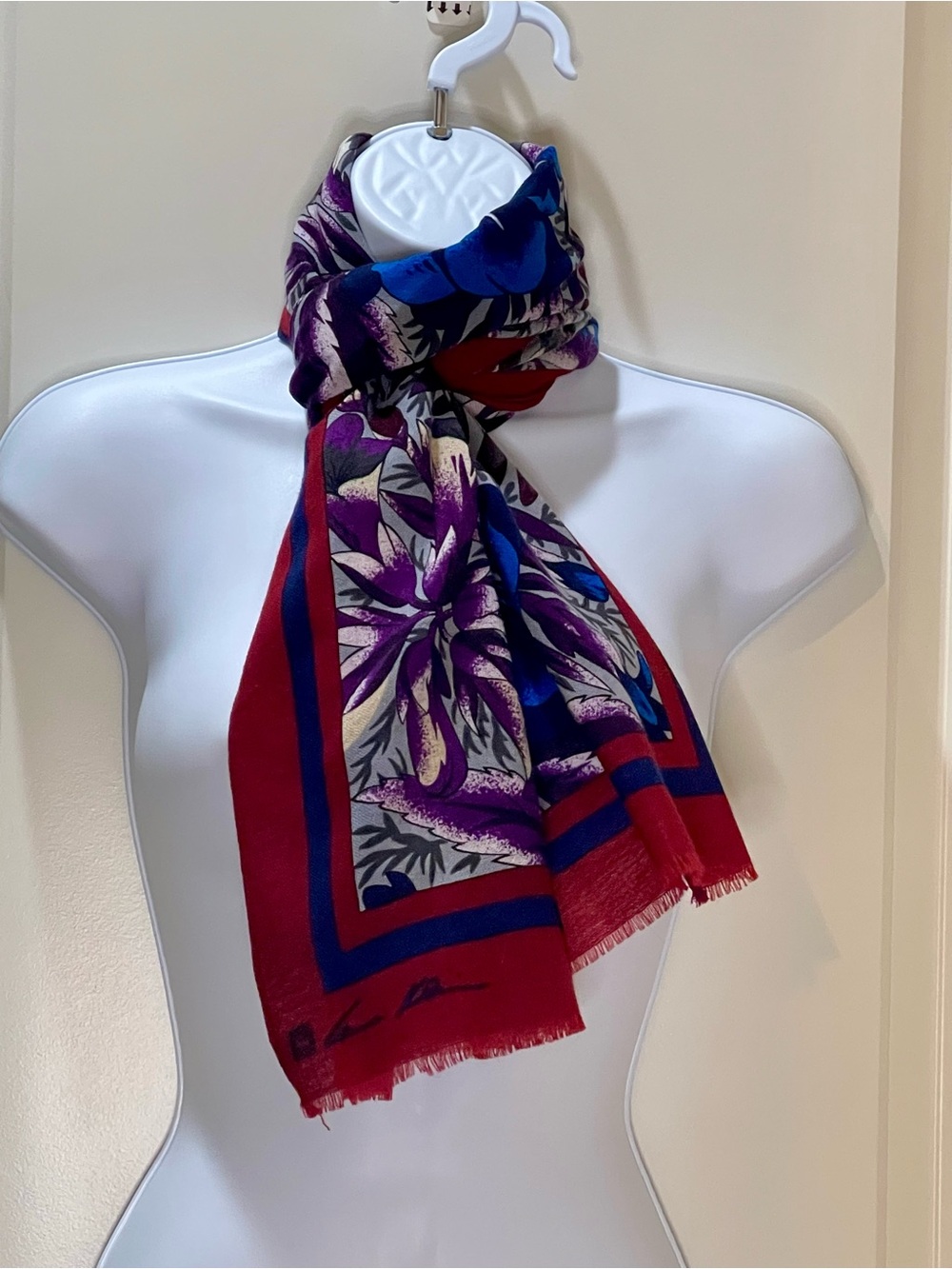Vintage Anne Klein Scarf Floral Print 100% Wool 19x60 Made in Japan
